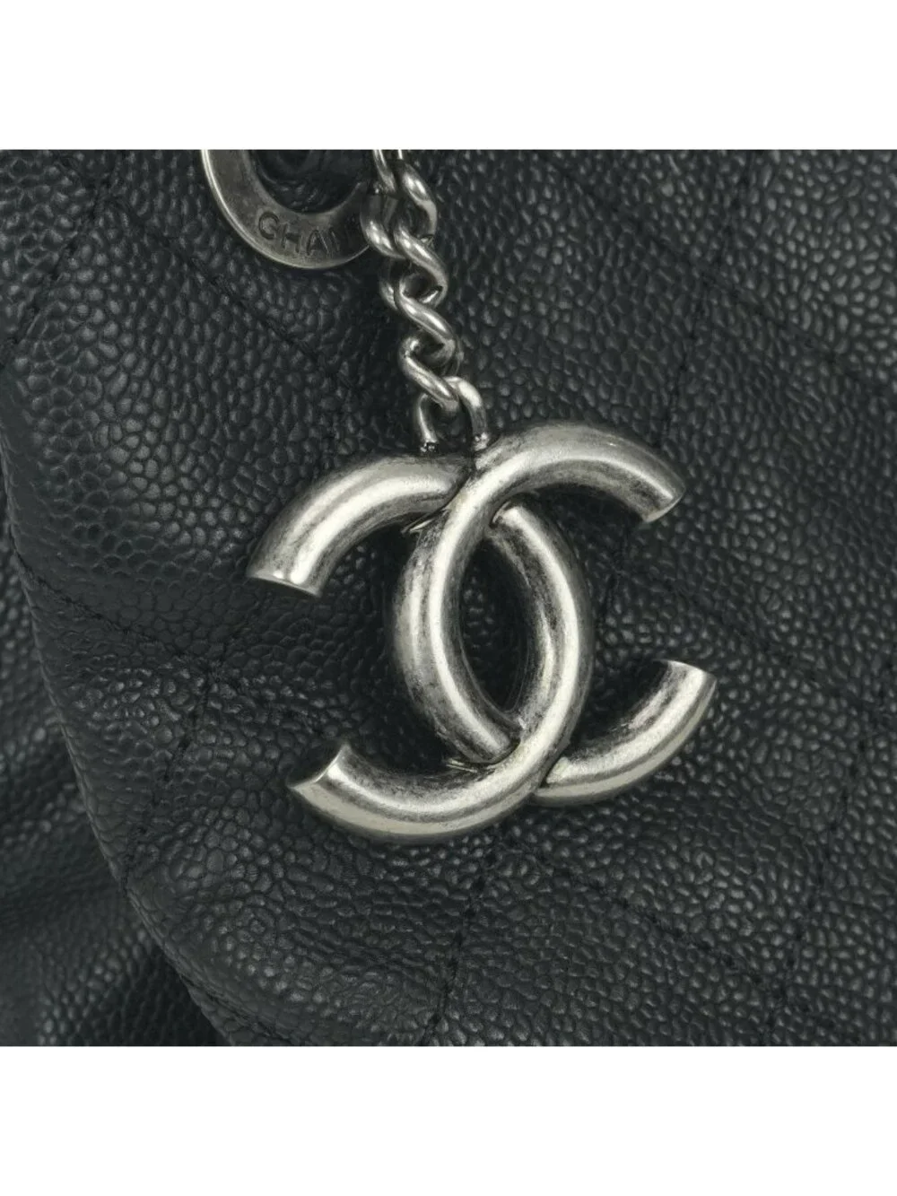 Chanel Quilted Tote Shoulder Bag Caviar Leather Black Silver Chain